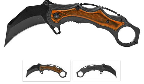 Karambit 7 Inch Wooden Handle Spring Assisted Folding Pocket Knife