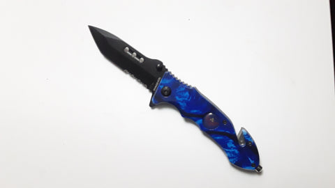 Legend of Zelda TRiforce Marble Blue Handle Spring Assisted Folding Pocket Knife Belt Cutter Glass Breaker