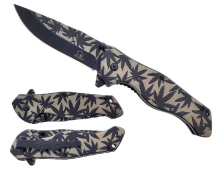 Marijuana 8 Inch Black & Silver Titanium Spring Assisted Folding Pocket Knife