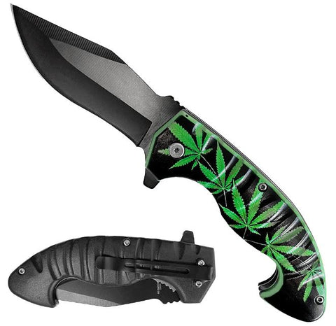 Marijuana 9 Inch Curved Handle Spring Assisted Folding Pocket Knife