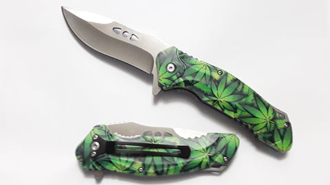 Marijuana Pot Leaf Handle 8 Inch Spring Assisted Folding Pocket Knife
