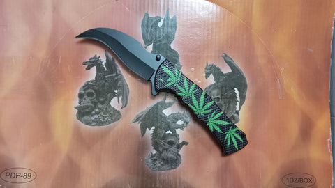 Marijuana Textured Handle Talon Curved Blade Spring Assisted Folding Pocket Knife