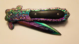 Rainbow Coated Blade 8.5 Inch Wood Insert Handle Spring Assisted Folding Pocket Knife
