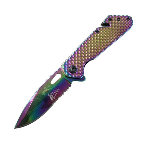 Rainbow Heavy 8.5 Inch Spring Assisted Folding Pocket Knife Glass Breaker Line Cutter