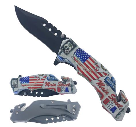 Route 66 8 Inch USA Flag Spring Assisted Folding Pocket Knife