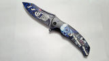 Skull Rose True Blue Skeleton  8.5 Inch Spring assisted Folding Pocket Knife