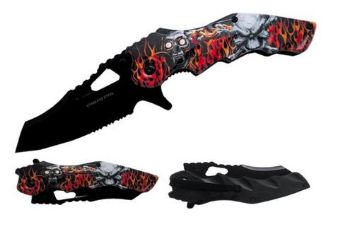 Skull & Crossbones Flames Half Serrated Tanto Blade Spring Assisted Folding Pocket Knife